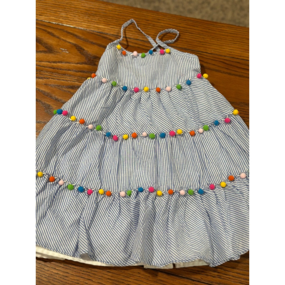 Tommy Bahama Girls 5T Blue Seersucker Striped Pom Pom Tiered Halter Sundress